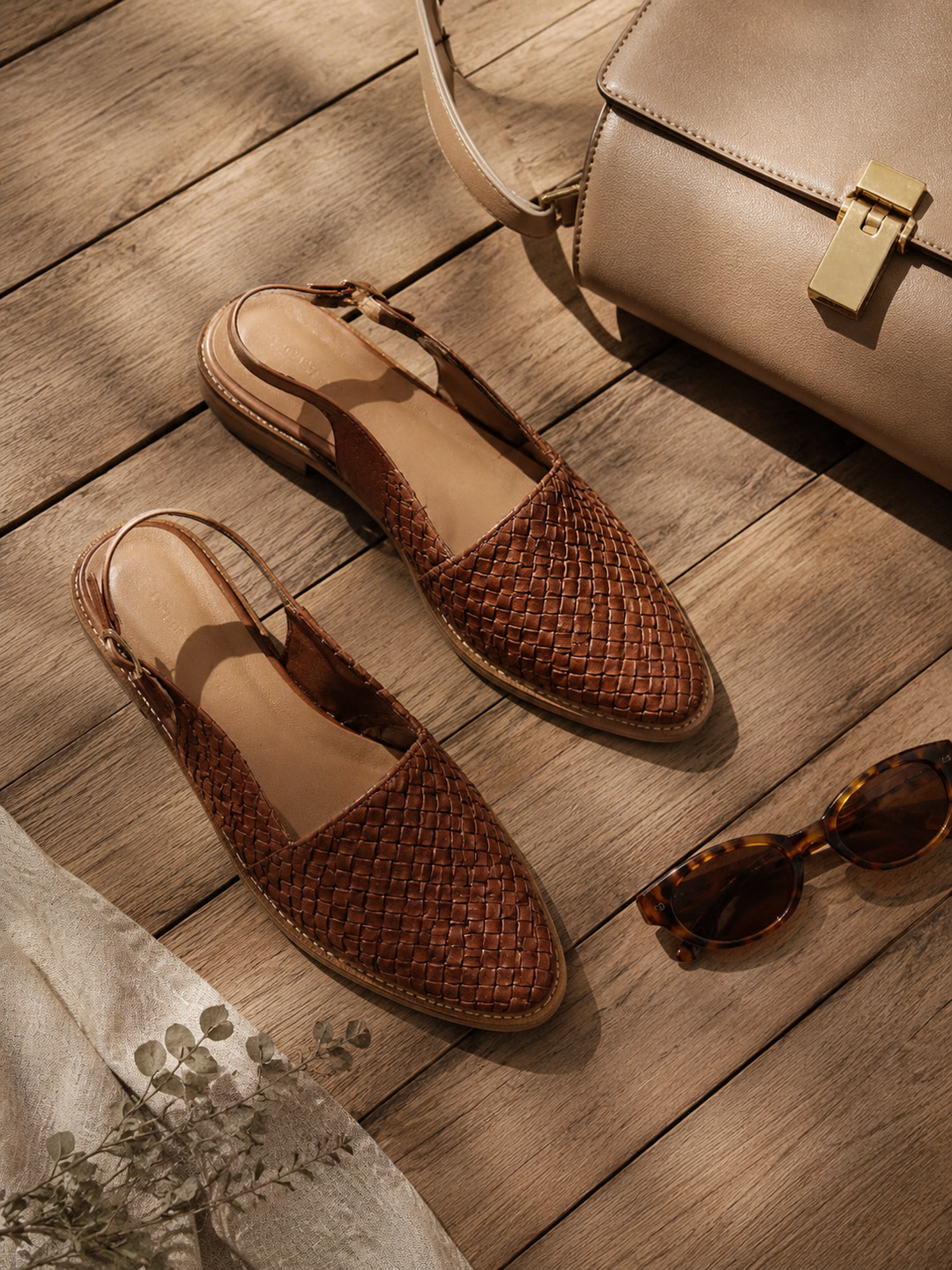 Pointed Toe Woven Flats with Slingback Strap and Open Heel