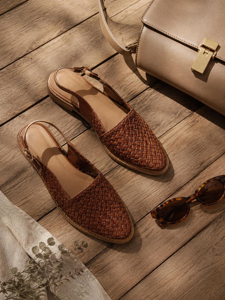 Pointed Toe Woven Flats with Slingback Strap and Open Heel