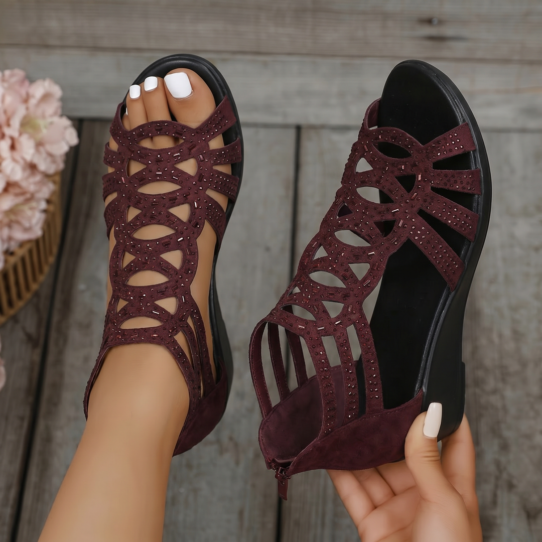 Wedge Sandals with Side Zipper and Open-Toe Design, Perforated Details