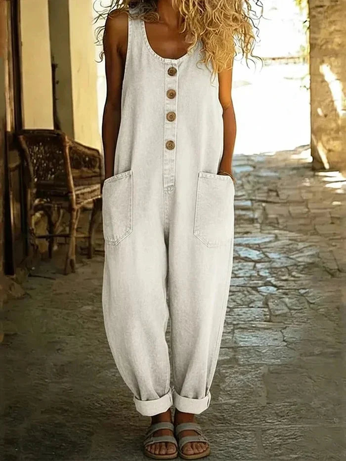 Women's Wide-Leg Cotton Denim Jumpsuit with Adjustable Straps and Front Pockets