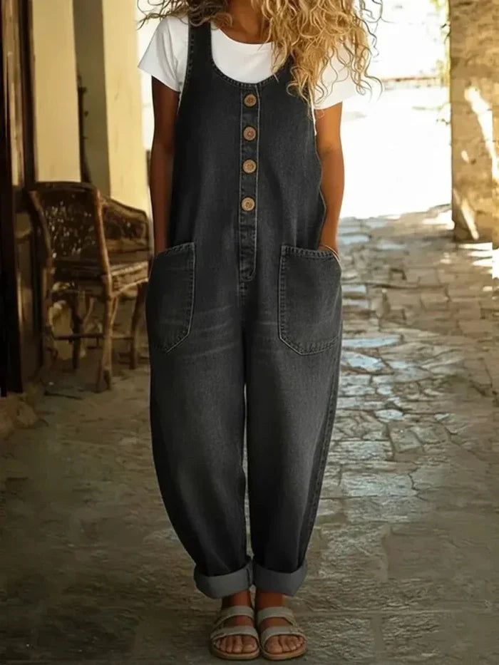 Women's Wide-Leg Cotton Denim Jumpsuit with Adjustable Straps and Front Pockets