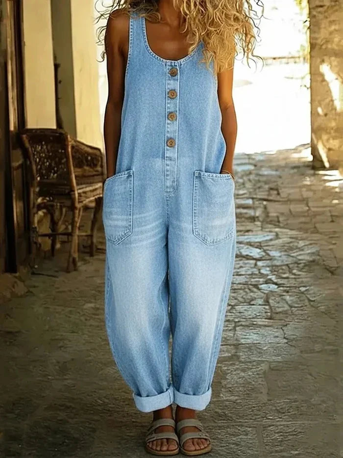 Women's Wide-Leg Cotton Denim Jumpsuit with Adjustable Straps and Front Pockets