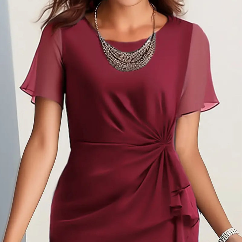 Women's Solid Dress with Cinched Waist and Short Sleeves, Crew Neckline