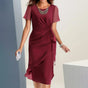 Women's Solid Dress with Cinched Waist and Short Sleeves, Crew Neckline