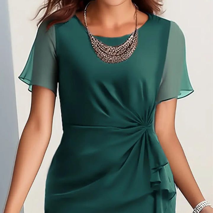 Women's Solid Dress with Cinched Waist and Short Sleeves, Crew Neckline