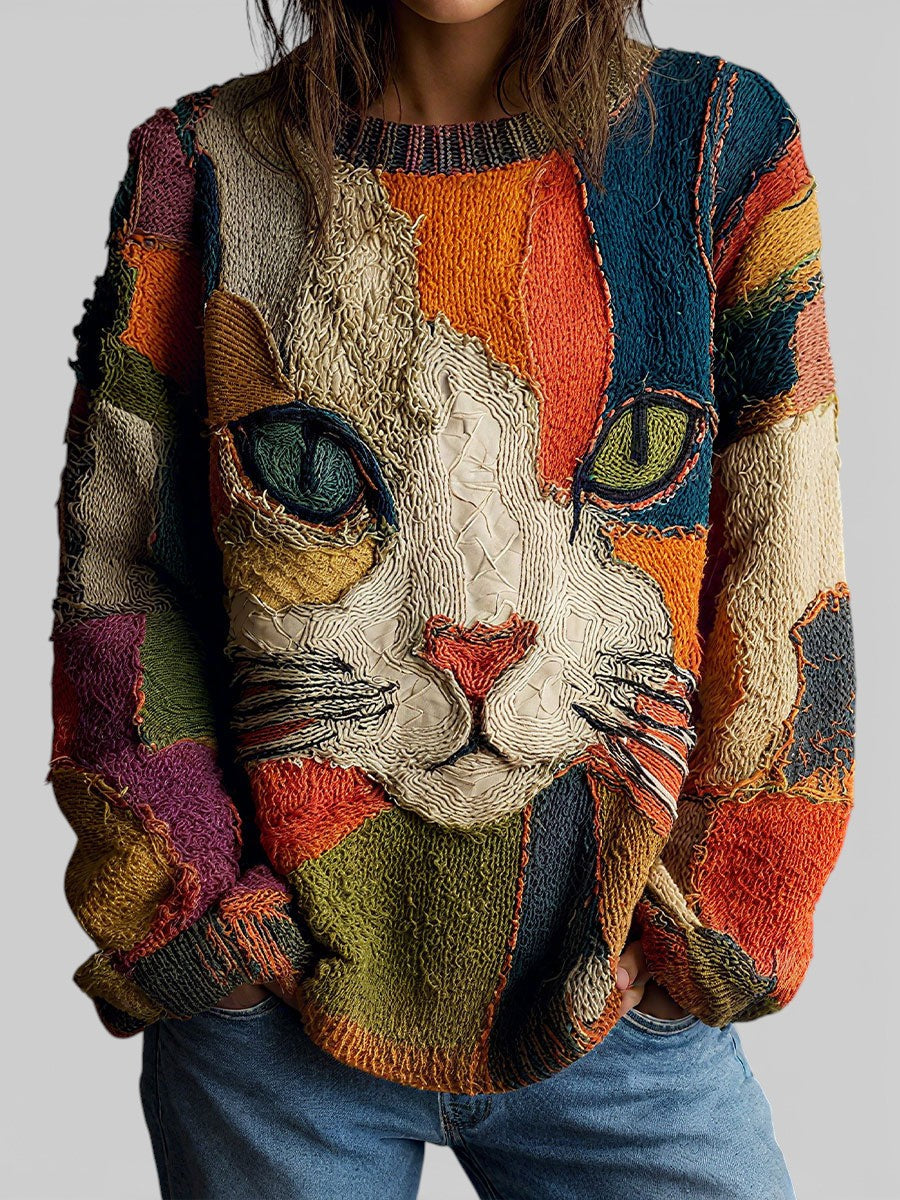 Women's Relaxed Fit Top with Artistic Cat Patchwork Print
