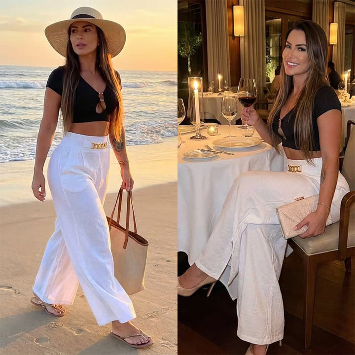 Women's Wide-Leg Trousers with Metal Belt Accent and Elastic Waistband