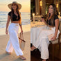 Women's Wide-Leg Trousers with Metal Belt Accent and Elastic Waistband