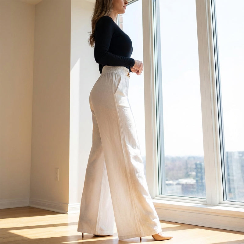 Women's Wide-Leg Trousers with Metal Belt Accent and Elastic Waistband