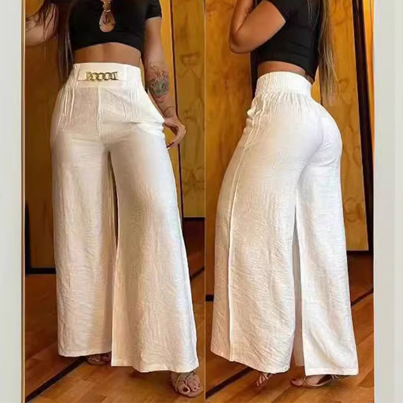 Women's Wide-Leg Trousers with Metal Belt Accent and Elastic Waistband