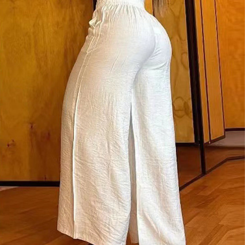 Women's Wide-Leg Trousers with Metal Belt Accent and Elastic Waistband