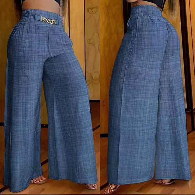 Women's Wide-Leg Trousers with Metal Belt Accent and Elastic Waistband