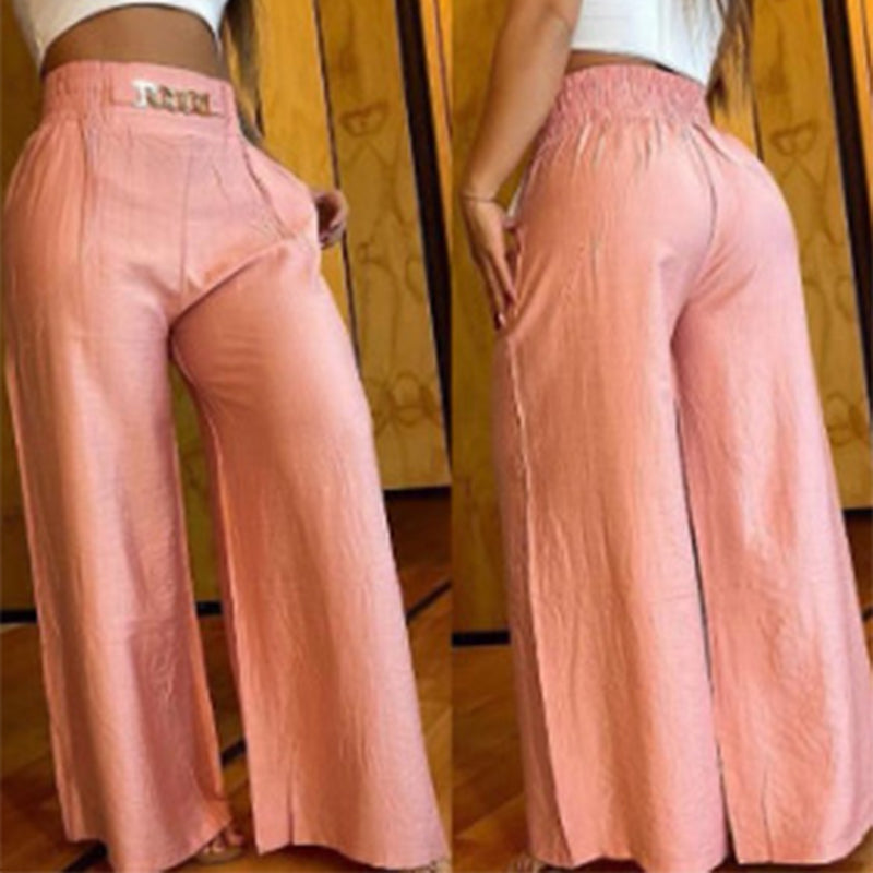 Women's Wide-Leg Trousers with Metal Belt Accent and Elastic Waistband