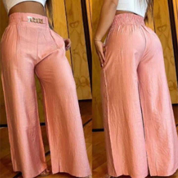 Women's Wide-Leg Trousers with Metal Belt Accent and Elastic Waistband