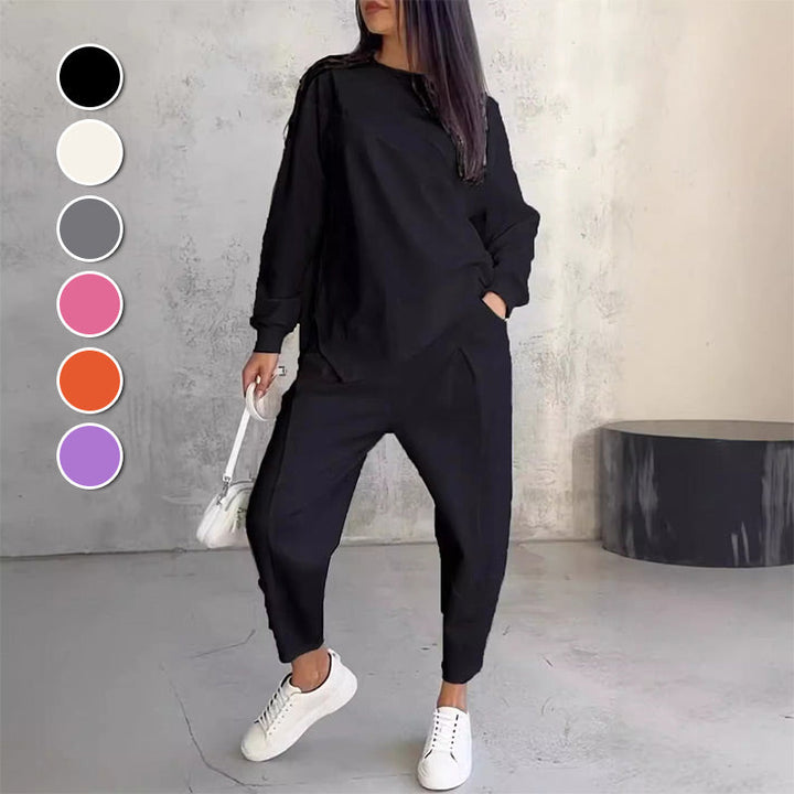 Women's Two-Piece Sweatshirt and Trousers Set with Asymmetrical Hem