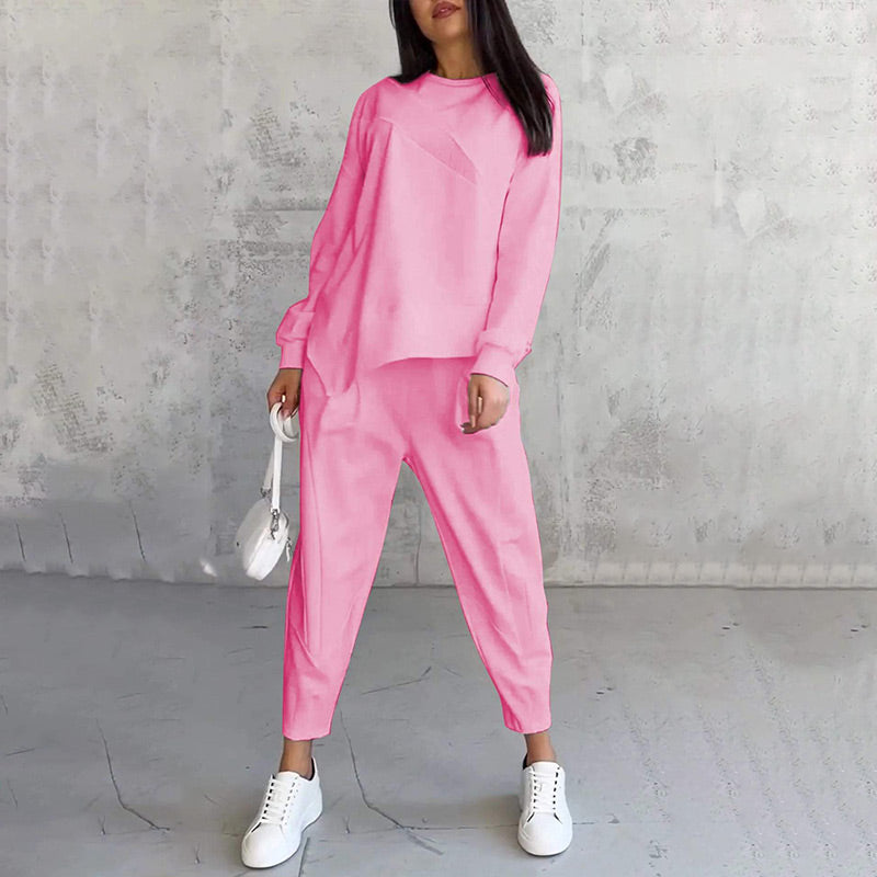 Women's Two-Piece Sweatshirt and Trousers Set with Asymmetrical Hem