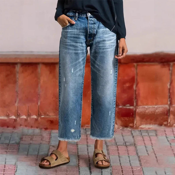 Cropped Straight-Leg Jeans with Mid-Rise Waist and Light Faded Wash