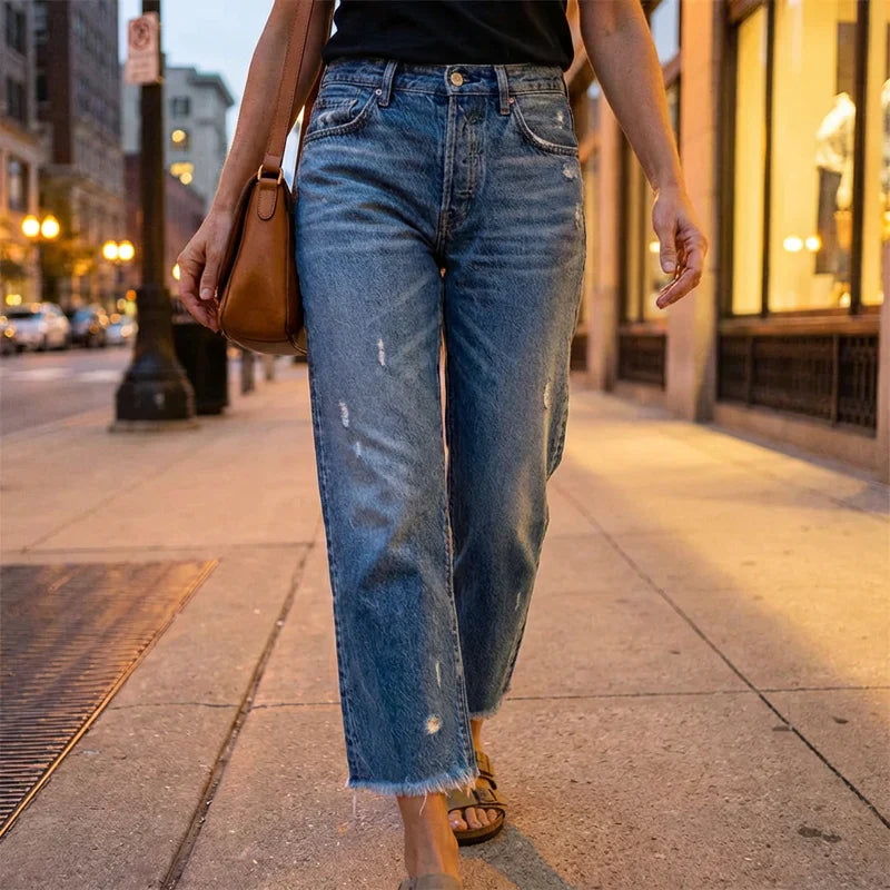 Cropped Straight-Leg Jeans with Mid-Rise Waist and Light Faded Wash