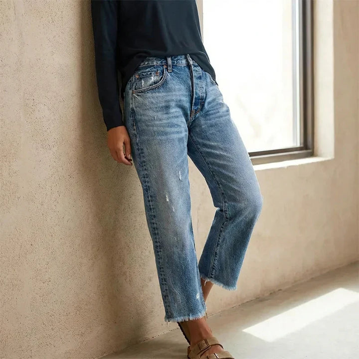Cropped Straight-Leg Jeans with Mid-Rise Waist and Light Faded Wash