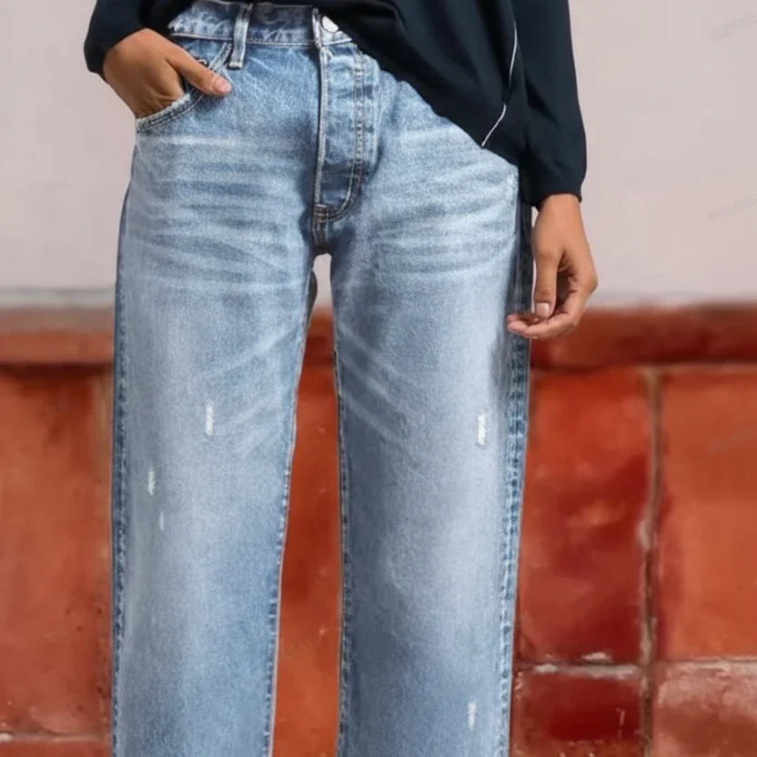 Cropped Straight-Leg Jeans with Mid-Rise Waist and Light Faded Wash