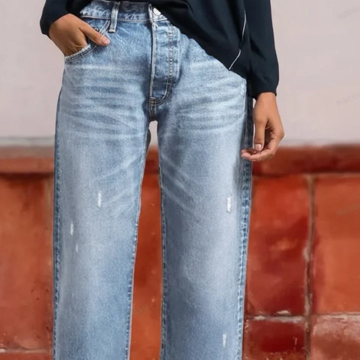 Cropped Straight-Leg Jeans with Mid-Rise Waist and Light Faded Wash
