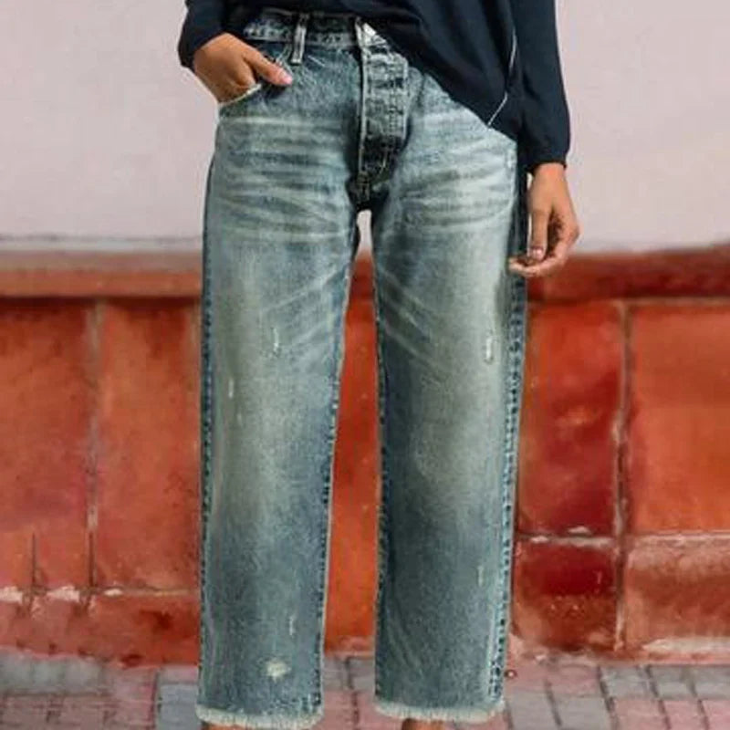 Cropped Straight-Leg Jeans with Mid-Rise Waist and Light Faded Wash