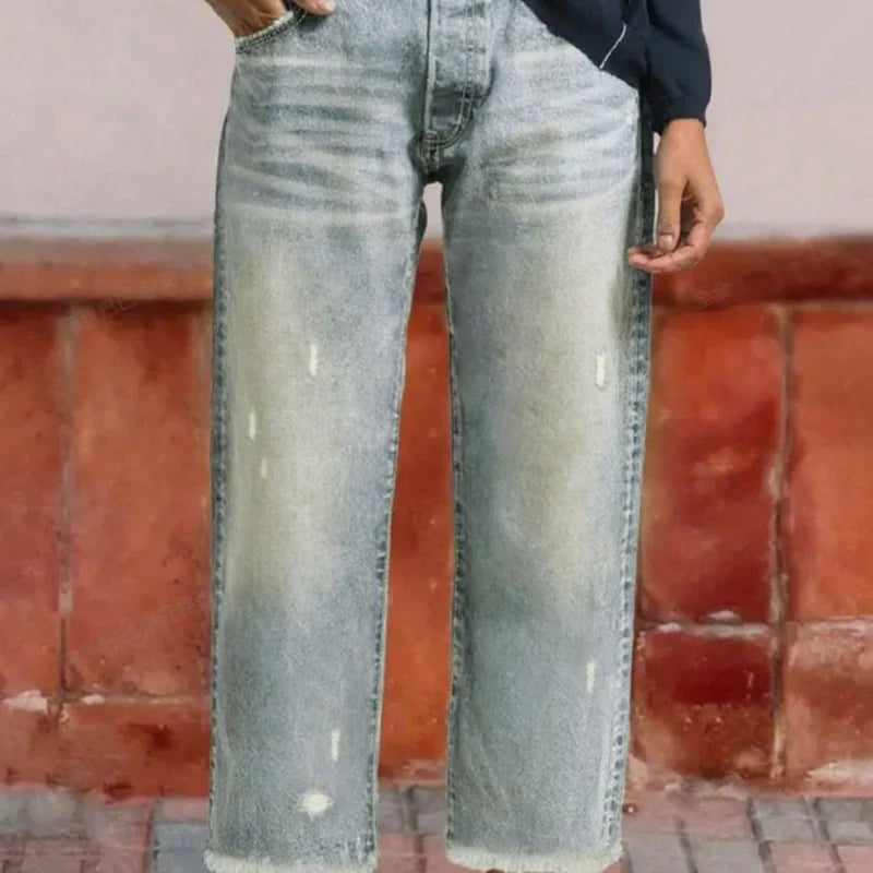 Cropped Straight-Leg Jeans with Mid-Rise Waist and Light Faded Wash