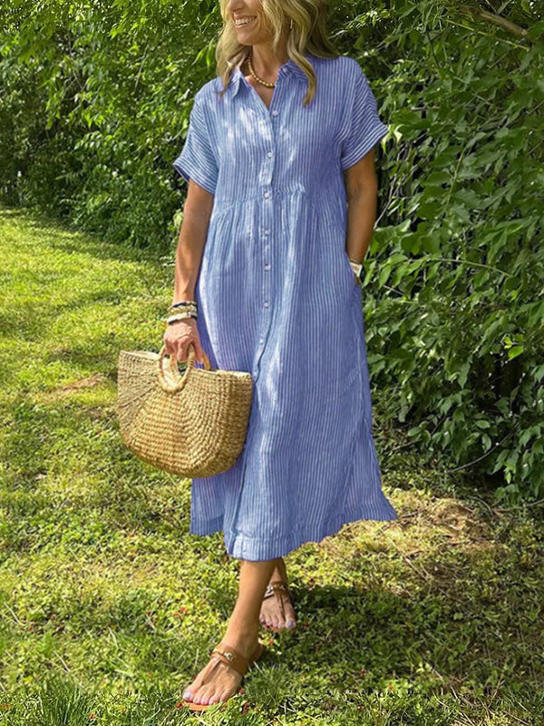 Vertical Stripe Shirt Dress with Button-Front and Relaxed Fit