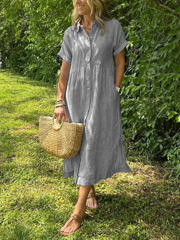 Vertical Stripe Shirt Dress with Button-Front and Relaxed Fit