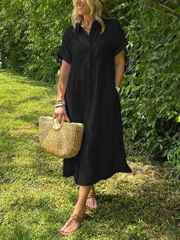 Vertical Stripe Shirt Dress with Button-Front and Relaxed Fit