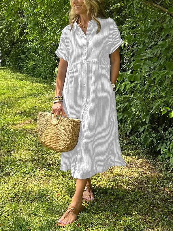 Vertical Stripe Shirt Dress with Button-Front and Relaxed Fit
