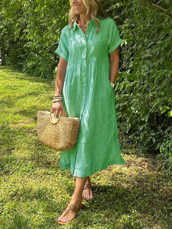 Vertical Stripe Shirt Dress with Button-Front and Relaxed Fit