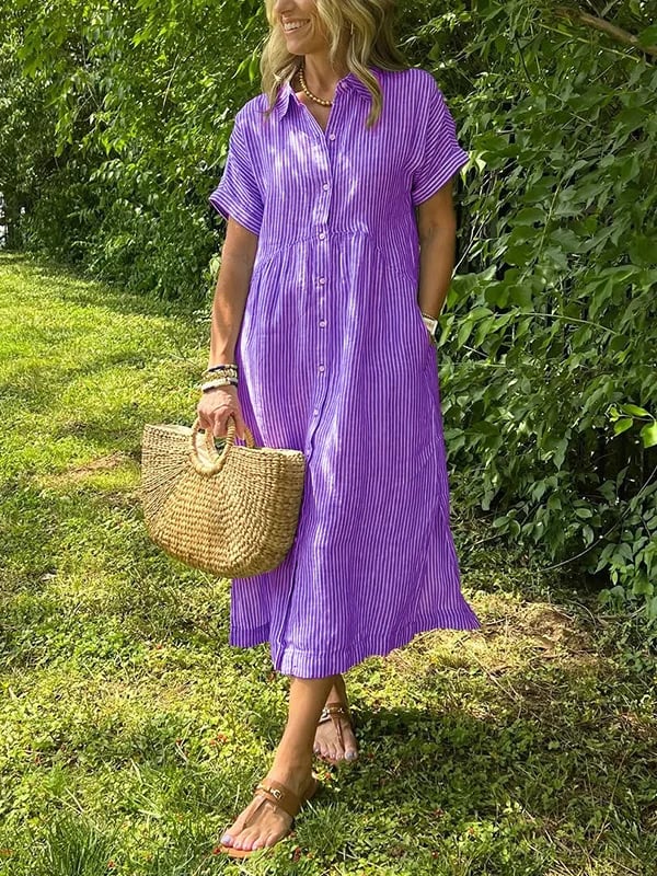 Vertical Stripe Shirt Dress with Button-Front and Relaxed Fit