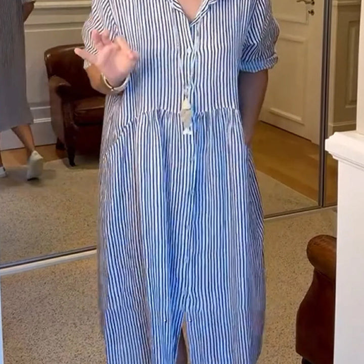 Vertical Stripe Shirt Dress with Button-Front and Relaxed Fit