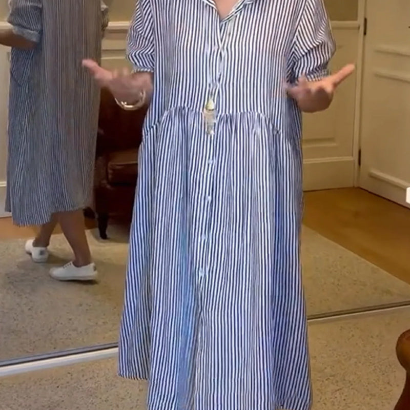 Vertical Stripe Shirt Dress with Button-Front and Relaxed Fit
