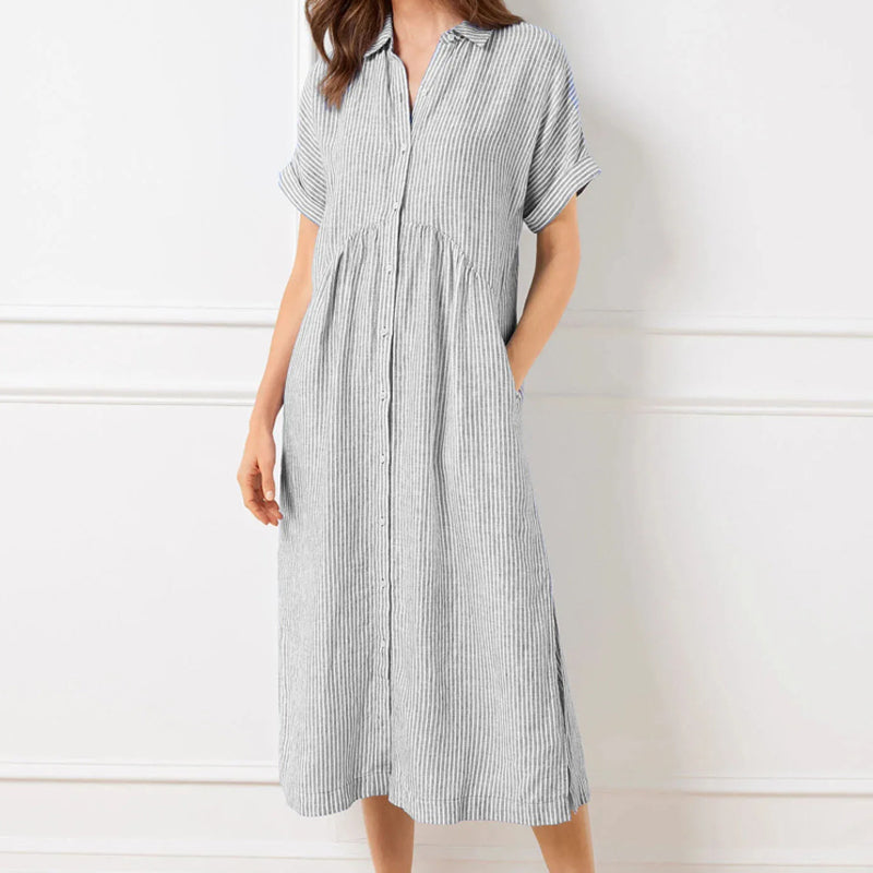 Vertical Stripe Shirt Dress with Button-Front and Relaxed Fit