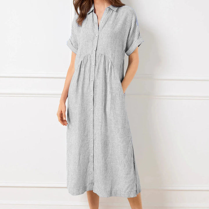 Vertical Stripe Shirt Dress with Button-Front and Relaxed Fit