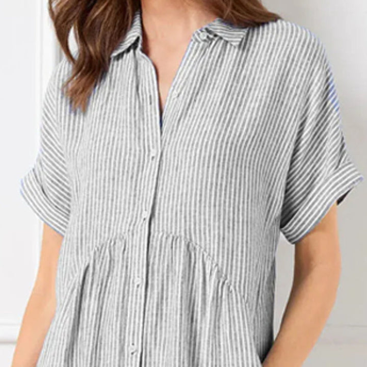 Vertical Stripe Shirt Dress with Button-Front and Relaxed Fit