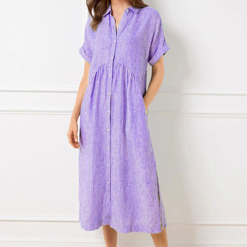 Vertical Stripe Shirt Dress with Button-Front and Relaxed Fit