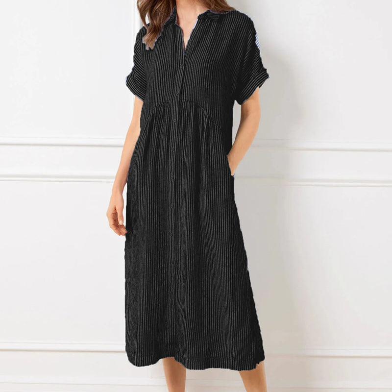 Vertical Stripe Shirt Dress with Button-Front and Relaxed Fit
