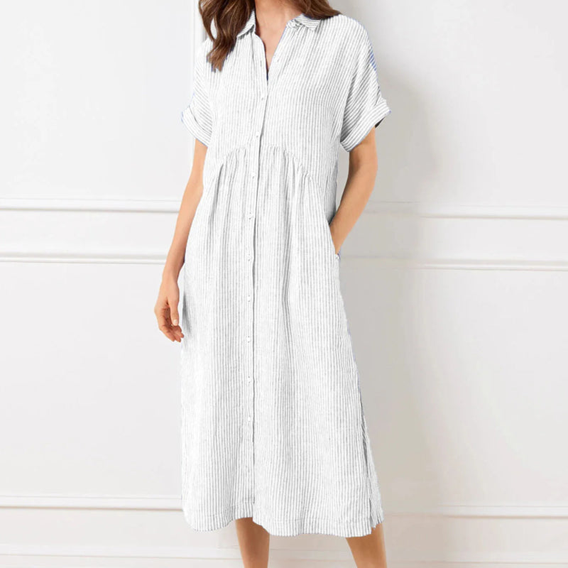 Vertical Stripe Shirt Dress with Button-Front and Relaxed Fit