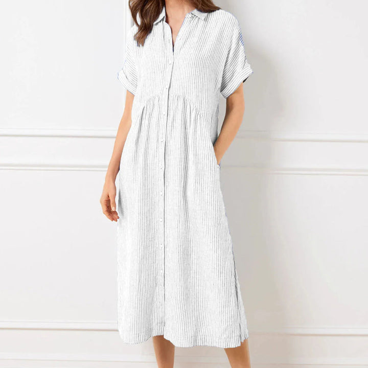 Vertical Stripe Shirt Dress with Button-Front and Relaxed Fit