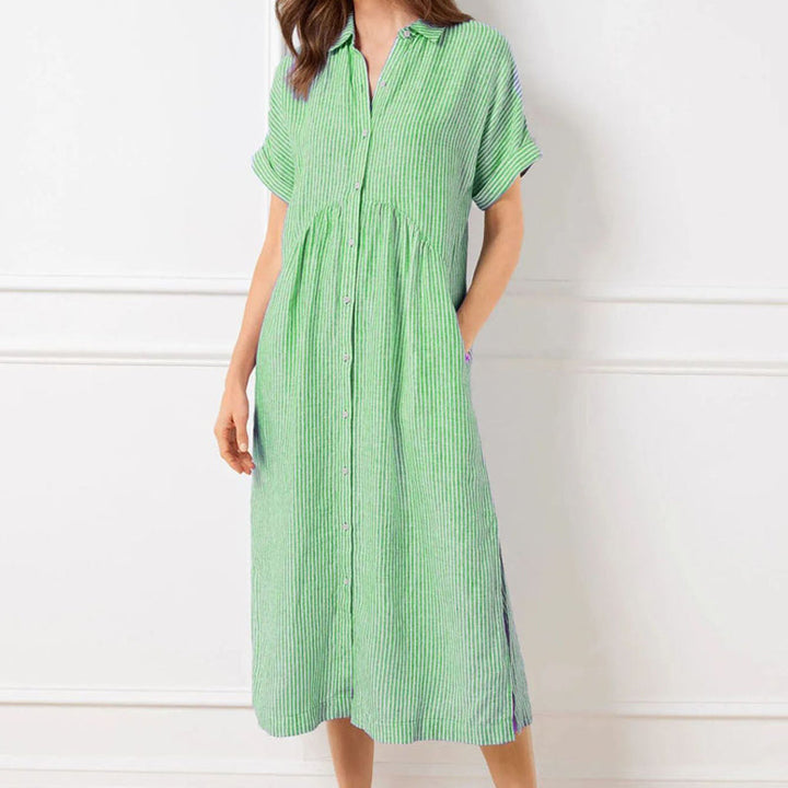 Vertical Stripe Shirt Dress with Button-Front and Relaxed Fit