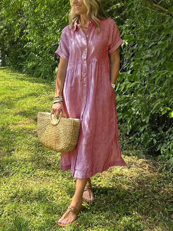 Vertical Stripe Shirt Dress with Button-Front and Relaxed Fit