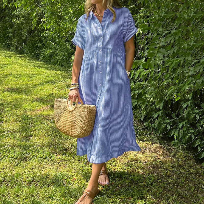 Vertical Stripe Shirt Dress with Button-Front and Relaxed Fit