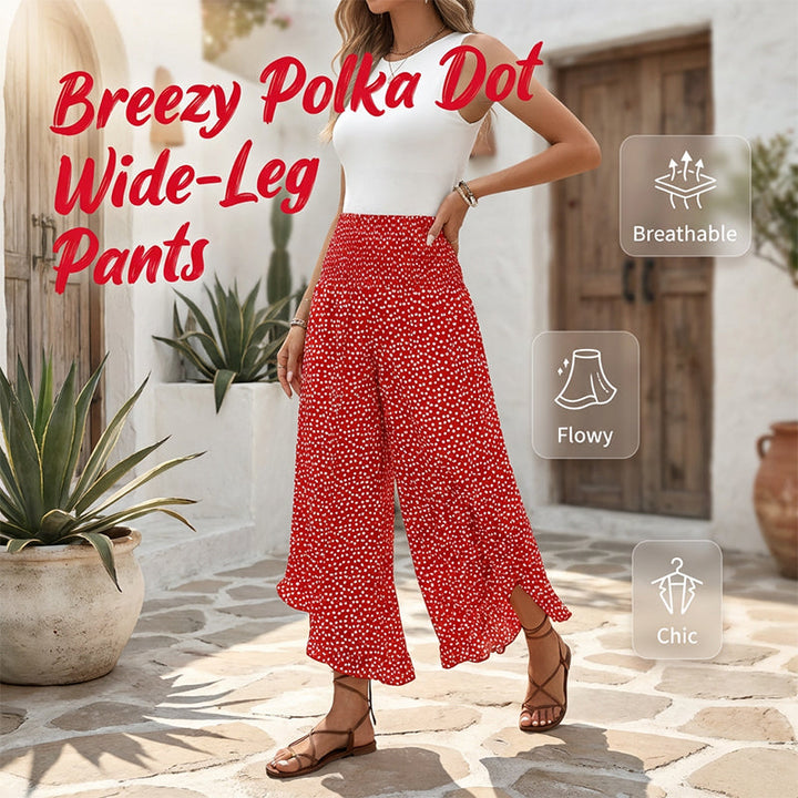 Wide-Leg Trousers with Polka Dot Pattern and Ruffled Hem, High Waist Smocked Elastic