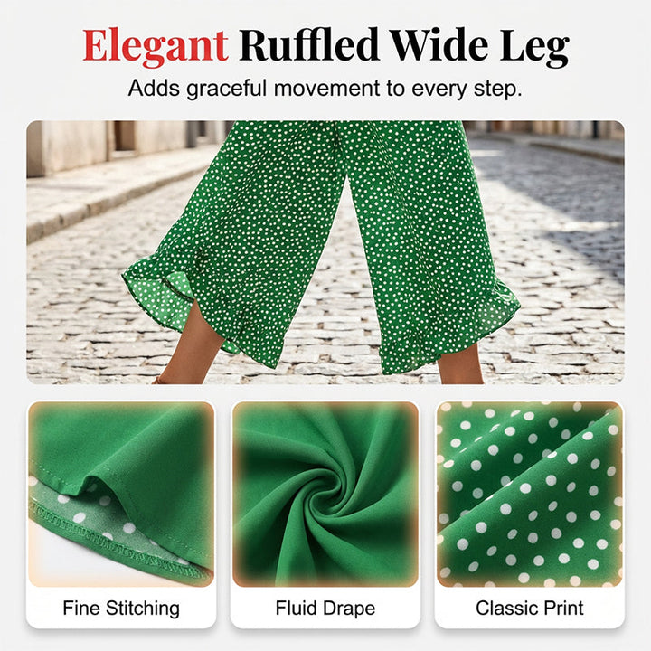 Wide-Leg Trousers with Polka Dot Pattern and Ruffled Hem, High Waist Smocked Elastic