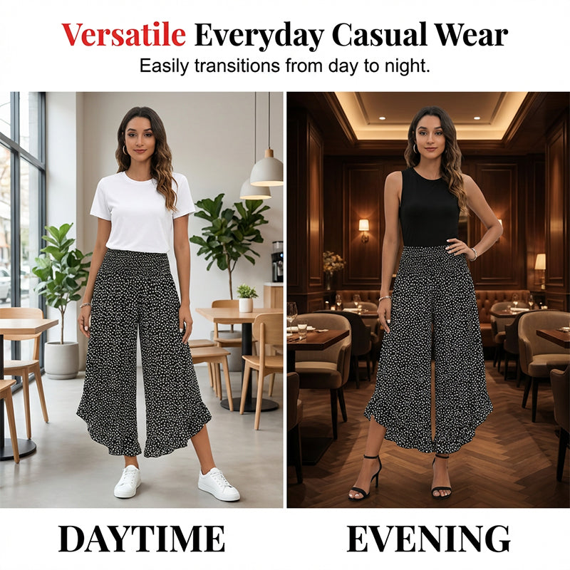Wide-Leg Trousers with Polka Dot Pattern and Ruffled Hem, High Waist Smocked Elastic