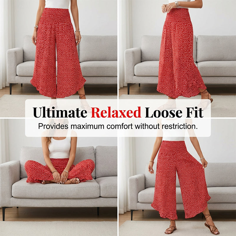 Wide-Leg Trousers with Polka Dot Pattern and Ruffled Hem, High Waist Smocked Elastic