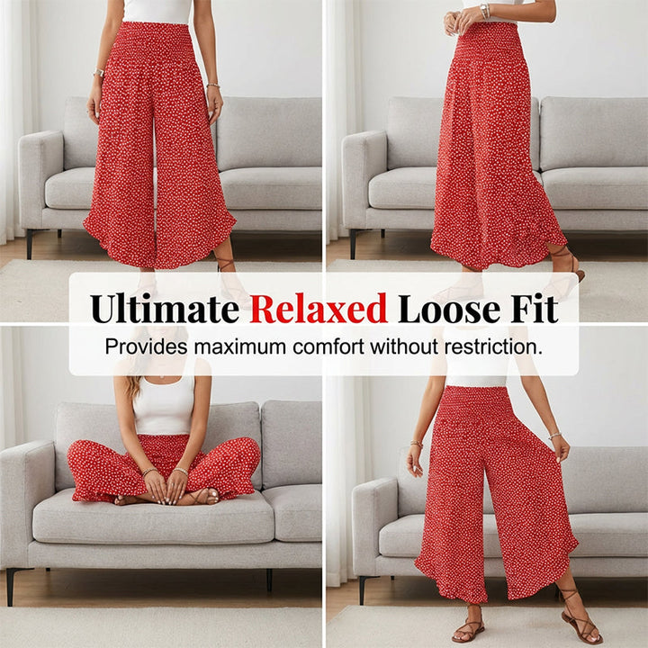 Wide-Leg Trousers with Polka Dot Pattern and Ruffled Hem, High Waist Smocked Elastic